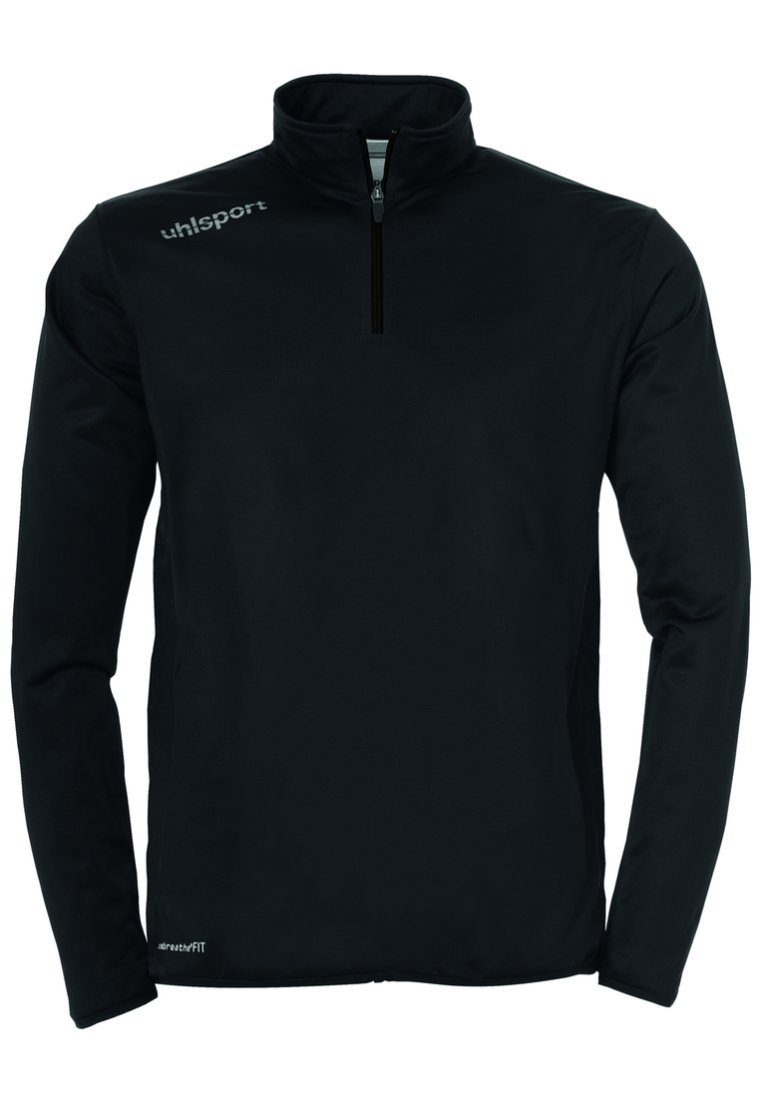 Pullover nero con mezza zip realizzato in tessuto traspirante, dotato di maniche lunghe, colletto alto e un logo discreto sulla parte superiore sinistra.