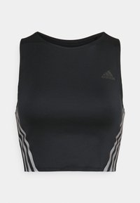 Top deportivo negro corto hecho de un material suave y elástico. Presenta sutiles rayas grises a los lados y un pequeño logo en el frente.