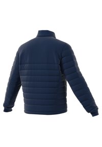 Navy padded jacket with a high collar and long sleeves. Features horizontal quilted sections and a smooth texture.