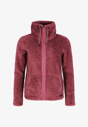 Fleece jacket in deep pink with a high collar, full zipper, two side pockets, and black-accented zippers. Soft, textured surface.