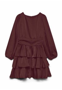 Burgundel rdeča obleka iz gladkega, lahkega blaga, z dolgimi napihanimi rokavi, strukturiranim pasom in plastičnimi volani na spodnjem robu.