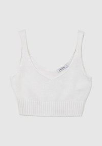 Top corto lavorato a maglia bianco con scollatura a V, spalline sottili e orlo a coste. Presenta un tessuto testurizzato e un design semplice e minimalista.