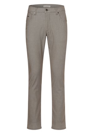 Pantaloni dritti grigio chiaro realizzati in un tessuto testurizzato. Presentano due tasche frontali, una chiusura con bottone e dettagli di cucitura sottili.