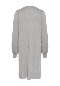 Sivá pletená šaty s dlhými puff rukávmi, okrúhlym výstrihom a voľným strihom. Materiál má hladkú textúru a rebrované manžety.