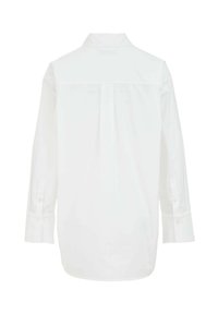 Biele dlhé rukávy s chrbátom, detailom záhybu, gombíkovými manžetami a golierom. Vyrobené z hladkej látky s voľným strihom.