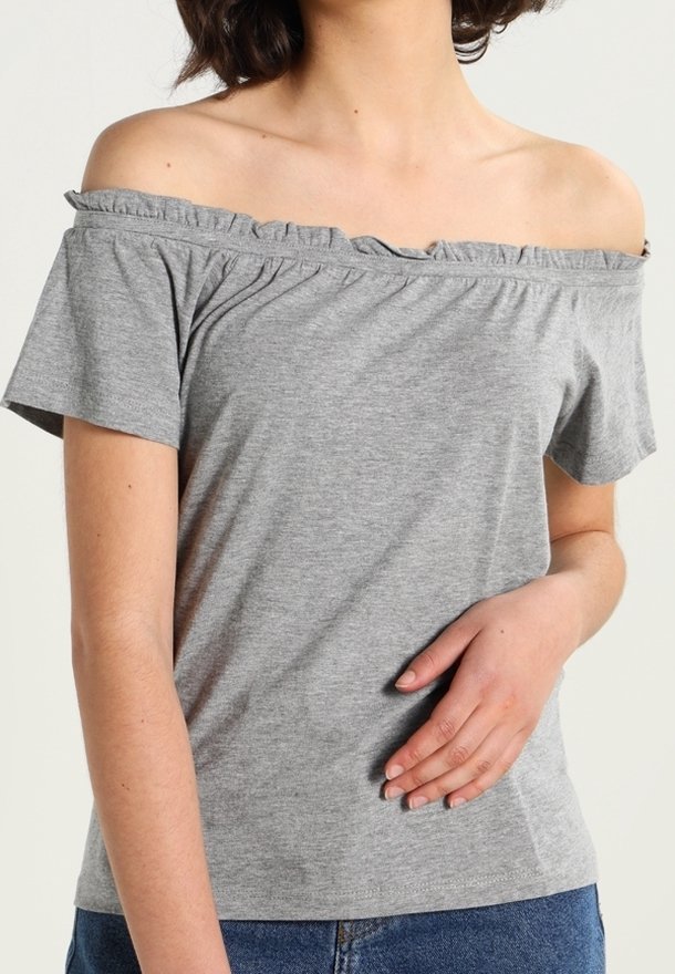 Gray off-the-shoulder top with ruffled neckline, short sleeves, and soft cotton material. Fitted style with a relaxed silhouette.