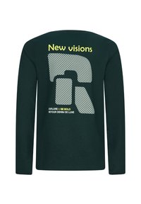 Dunkelgrünes Langarmshirt mit dem Text "Neue Visionen" und einer großen gestreiften abstrakten Grafik "R", sowie zusätzlichem kleineren Text: "Entdecken // Sei mutig Retour Denim."