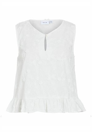 Blusa bianca senza maniche con delicata texture floreale, chiusura con bottone a occhiello sul collo e dettaglio con orlo arricciato.