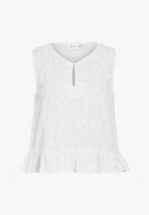 Blusa bianca senza maniche con delicata texture floreale, chiusura con bottone a occhiello sul collo e dettaglio con orlo arricciato.