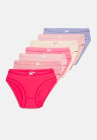 Set di sette mutande di cotone in tonalità rosa, lilla e beige, con elastico in vita e piccoli fiocchi decorativi sul davanti.
