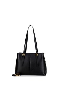 Sac fourre-tout en cuir noir avec deux longues anses, quincaillerie dorée et une forme structurée. Comprend une bandoulière amovible.