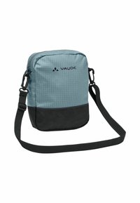 Borsa a spalla compatta e rettangolare di colore azzurro chiaro e nero, realizzata in tessuto resistente. Presenta una chiusura con zip e una tracolla regolabile.