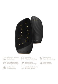 Svart silikon ansiktsrengöringsapparat med gulddetaljer, ergonomisk form, texturerad yta för bra grepp och flera teknologifunktioner som beskrivs nedan.