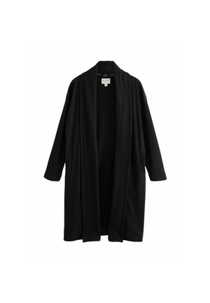 Zwarte kimono-stijl cardigan van ribbelstof, met lange mouwen, open voorkant en twee zijzakken.