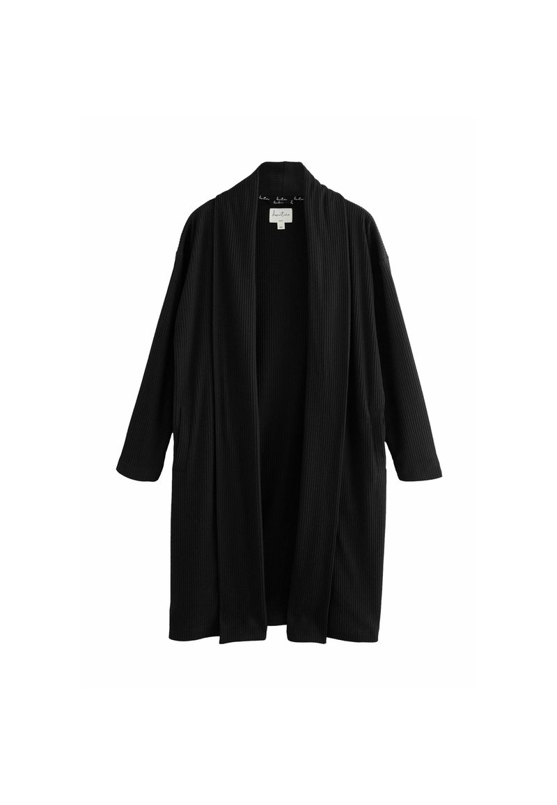 Schwarzer Kimono-Style Cardigan aus geripptem Stoff, mit langen Ärmeln, offener Vorderseite und zwei Seitentaschen.
