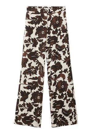 Pantalones de pierna ancha con patrón floral marrón oscuro sobre tela color blanco roto, con una cintura ajustada y sin cierres visibles.