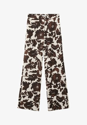 Pantalones de pierna ancha con patrón floral marrón oscuro sobre tela color blanco roto, con una cintura ajustada y sin cierres visibles.