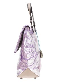 Borsa a mano con motivo floreale viola, dal design strutturato, con una texture liscia, base beige a contrasto e manici bicolore.