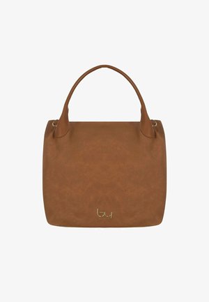 Borsa a tracolla in pelle marrone con manici arrotondati e piccolo logo dorato al centro vicino al fondo, su sfondo bianco.