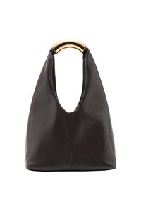 Sac en cuir noir avec une silhouette unique, doté d'une anse en or arrondie. Texture lisse et design minimaliste avec un haut ouvert.