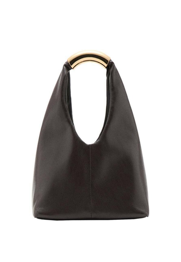 Sac en cuir noir avec une silhouette unique, doté d'une anse en or arrondie. Texture lisse et design minimaliste avec un haut ouvert.