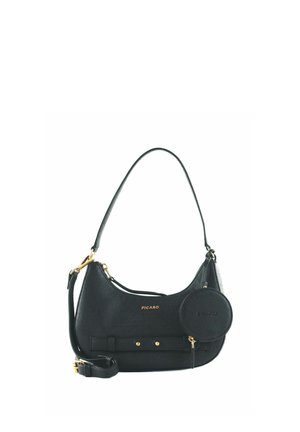 Sac à bandoulière en cuir noir texturé avec quincaillerie dorée, pochette ronde détachable pour pièces de monnaie et sangle ajustable, marqué "PICARD" en lettres dorées.