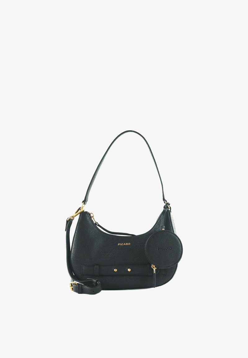 Sac à bandoulière en cuir noir texturé avec quincaillerie dorée, pochette ronde détachable pour pièces de monnaie et sangle ajustable, marqué "PICARD" en lettres dorées.