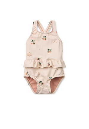 Costum de baie cu model de piersici în nuanță roz pal, cu tiv cu volănașe, bretele suprapuse și textură netedă. Închidere cu capse în partea de jos.