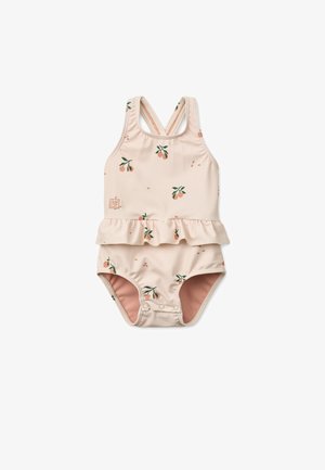 Maillot de bain à motif pêche en rose doux avec un ourlet à volants, présentant des bretelles croisées et une texture lisse. Fermeture à pression au bas.