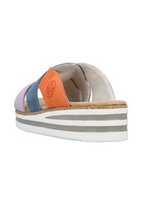 Multicolored slide sandal featuring leather straps in pink, blue, and orange. Thick white sole with gray stripes and textured footbed.