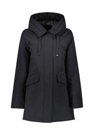 Schwarze wasserdichte Jacke mit Kapuze, ausgestattet mit zwei frontalen Taschen, einem Reißverschluss und einer lockeren Passform. Glatte Textur und matte Oberfläche.