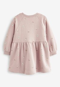 Helles rosa Kleid mit langen Ärmeln, das verspielte Bären- und Panda-Motive zeigt, mit gerafft Rock und geripptem Halsauschnitt. Weicher Stoff.