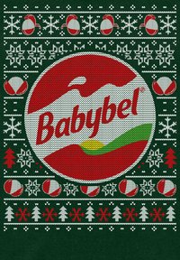 Pletený design obsahuje červené logo Babybel s zelenými a bílými akcenty na tmavě zeleném pozadí, obklopené sněhovými vločkami a dekorativními prvky.