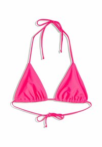 Rosa triangelbikiniöverdel med justerbara band i nacke och rygg, tillverkad av ett mjukt tyg, med gathered-detaljer längs kanterna.