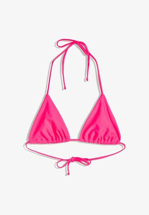 Pink triange bikini top with adjustable ties at neck and back, made from smooth fabric, featuring gathered detailing along the edges.