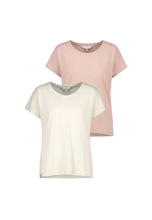 Zwei kurzärmelige T-Shirts mit Rundhalsausschnitt, eines in Hellrosa und eines in Off-White, auf weißem Hintergrund dargestellt.