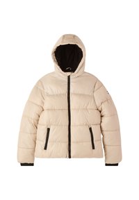 Beżowa kurtka puchowa z kapturem, z zamkiem błyskawicznym z przodu, dwoma bocznymi kieszeniami oraz czarnymi akcentami wzdłuż zamka i mankietów.
