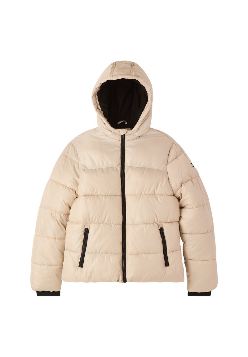 Beżowa kurtka puchowa z kapturem, z zamkiem błyskawicznym z przodu, dwoma bocznymi kieszeniami oraz czarnymi akcentami wzdłuż zamka i mankietów.