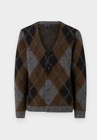 Cardigan in lana marrone e grigia con scollo a V, caratterizzato da un motivo argyle e cinque bottoni sul davanti. Texture morbida e vestibilità rilassata.