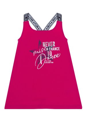 Haut sans manches rose avec un col rond, orné d'un graphique d'étoile argentée et du texte "NE RATEZ JAMAIS UNE CHANCE DE DANSER" dans des polices mixtes. Bretelles noires.