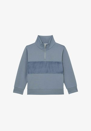 Világoskék pulóver fél cipzáros gallérral, sötétebb kék texturált panellel a mellkason. Puha anyag, bordázott mandzsettákkal.