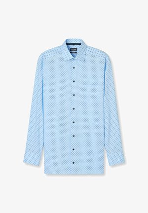 Hellblaues Langarmhemd mit Button-Down-Kragen, das ein kleines schwarzes Punktmuster und schwarze Knöpfe an der Vorderseite aufweist.