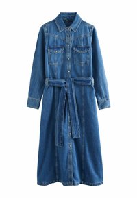 Denim skjortekjole i blå, med krave, lange ærmer, to brystlommer og en båd med knaplukning.