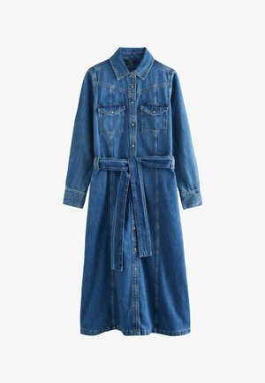 Denim srajčna obleka v modri barvi, vsebuje ovratnik, dolge rokave, dve žepni torbici na prsih in pas z zavozlanjem ter zapiranje na gumb.