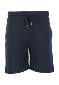 Mörkblå shorts i strukturerad tyg med elastisk midja och dragsko. Enkel design utan mönster eller detaljer.