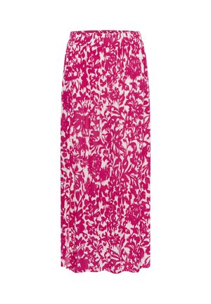 Bijela suknja s jarkim ružičastim cvjetnim uzorkom i elastičnim pojasom, midi dužine, od lagane tkanine.