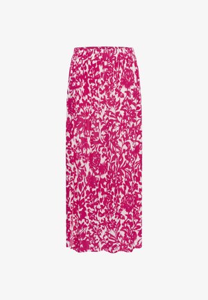 Bijela suknja s jarkim ružičastim cvjetnim uzorkom i elastičnim pojasom, midi dužine, od lagane tkanine.