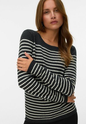 Gestreifter Pullover mit runder Ausschnitt, dunkelgrauen und cremefarbenen horizontalen Streifen, strukturiertem Strick und gerippten Bündchen und Saum.
