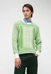 Pull en maille verte avec un motif texturé et des accents blancs, présentant un design rectangulaire. Assorti à une chemise bleu clair et un pantalon vert foncé.