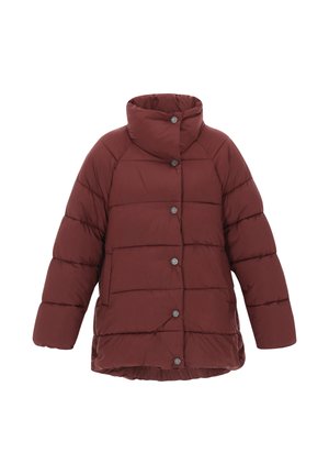 Burgundi värvi puhvjakker kõrge kraega, horisontaalselt quiltitud sektsioonid ja viis metallist nööpi esiküljel kindla sulgemise jaoks.